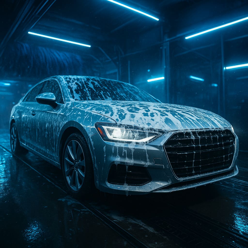 Modernes Tunnel-Waschsystem mit blauem Licht