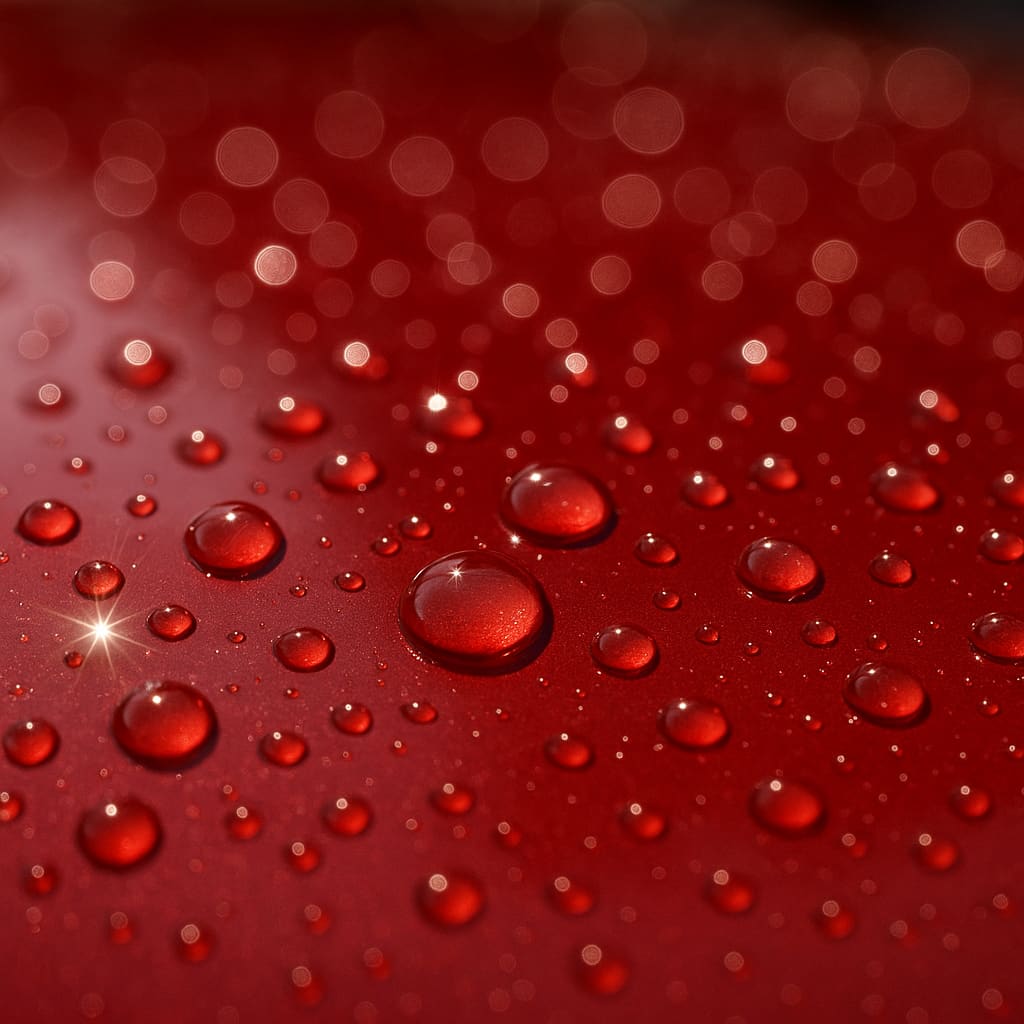 Lackschutz mit Wasserperlen auf rotem Auto